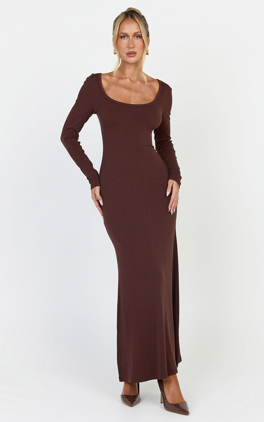 Gabriella Maxi Dress - Long Sleeve Scoop Neck Dress in Chocolate
