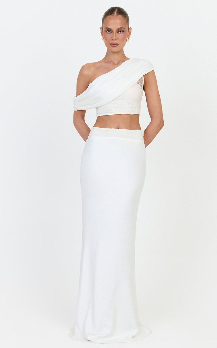Genevieve Two Piece Set - Off Shoulder Draped Top And Satin Maxi Skirt Set With Lace Trim in Ivory