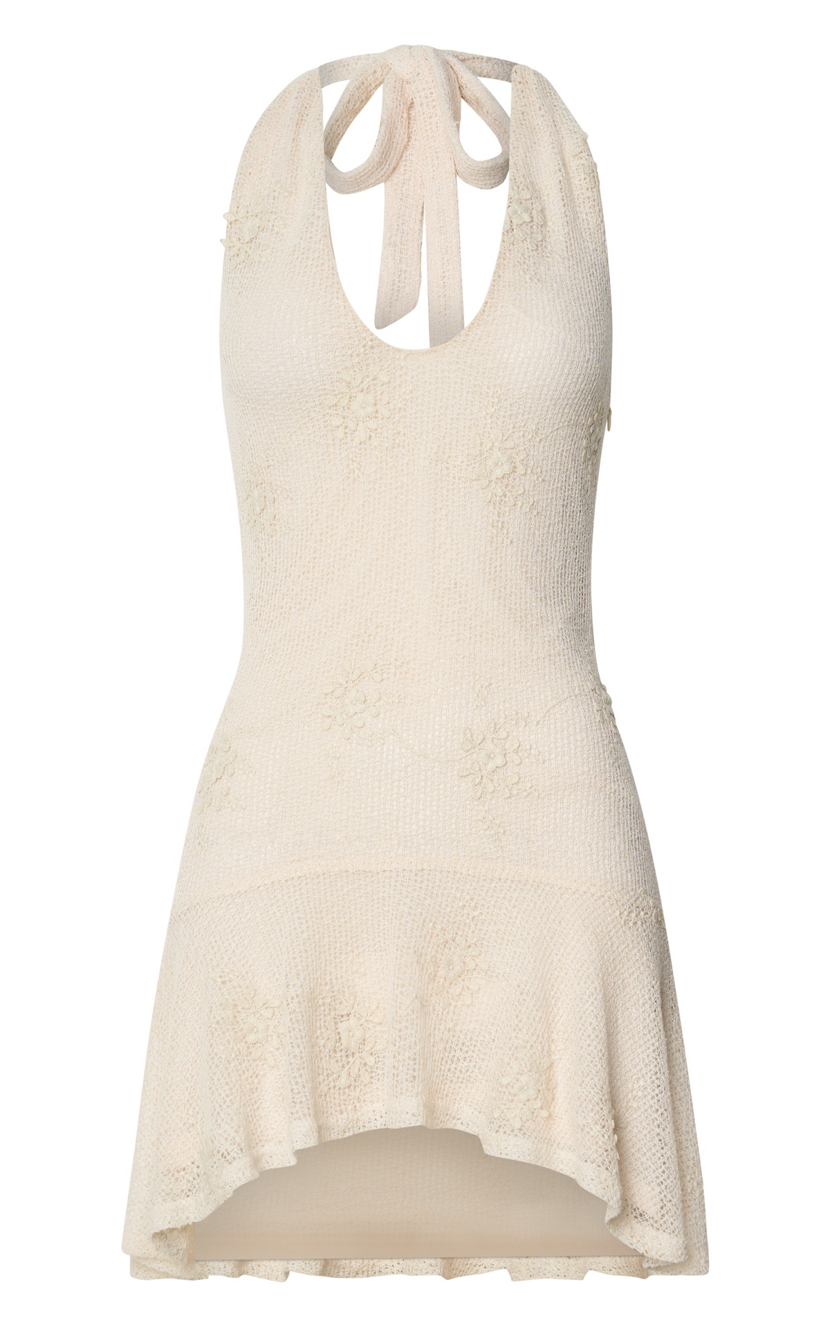Estella Mini Dress - Scooped V Halter Drop Waist Frill Hem Skirt in Ivory