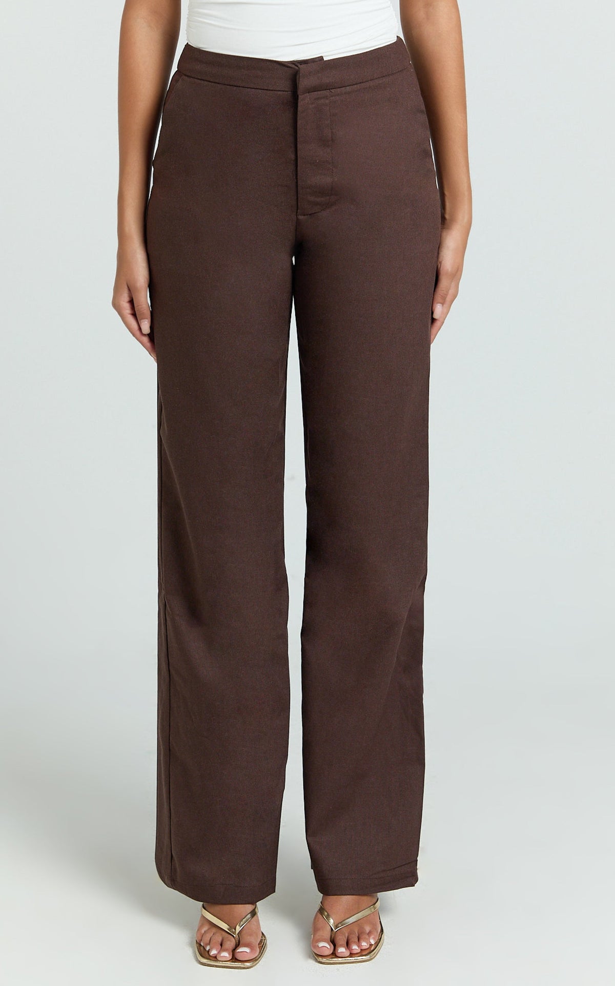 Goldie Pants - Mid Waisted Beaded Belt Tie Straight Leg Pants in Dark Chocolate