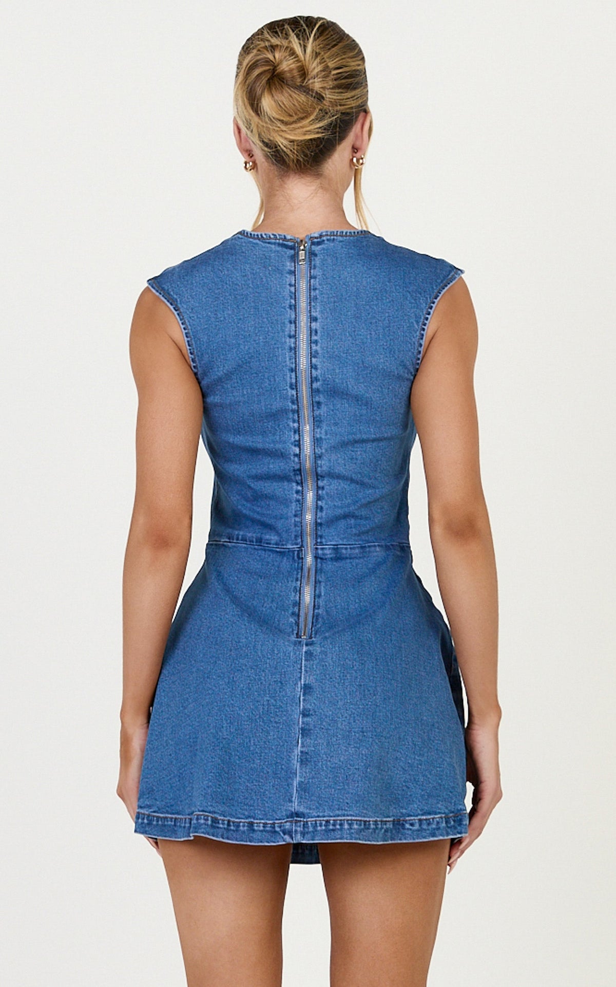 Heather Mini Dress - Square Neck A Line Denim Mini Dress in Mid Blue Wash