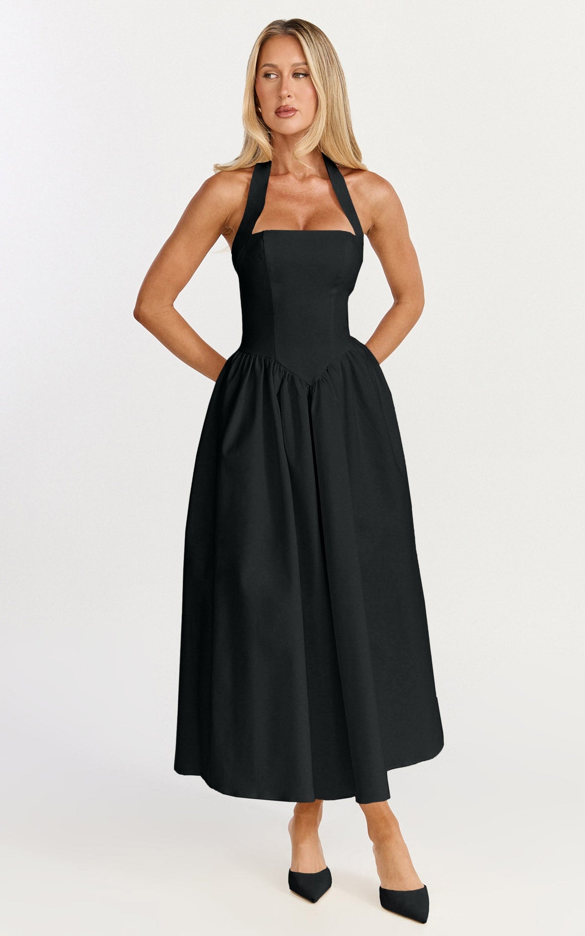 Helda Midi Dress - Halter Tie Neck Corset Panel Dress in Black