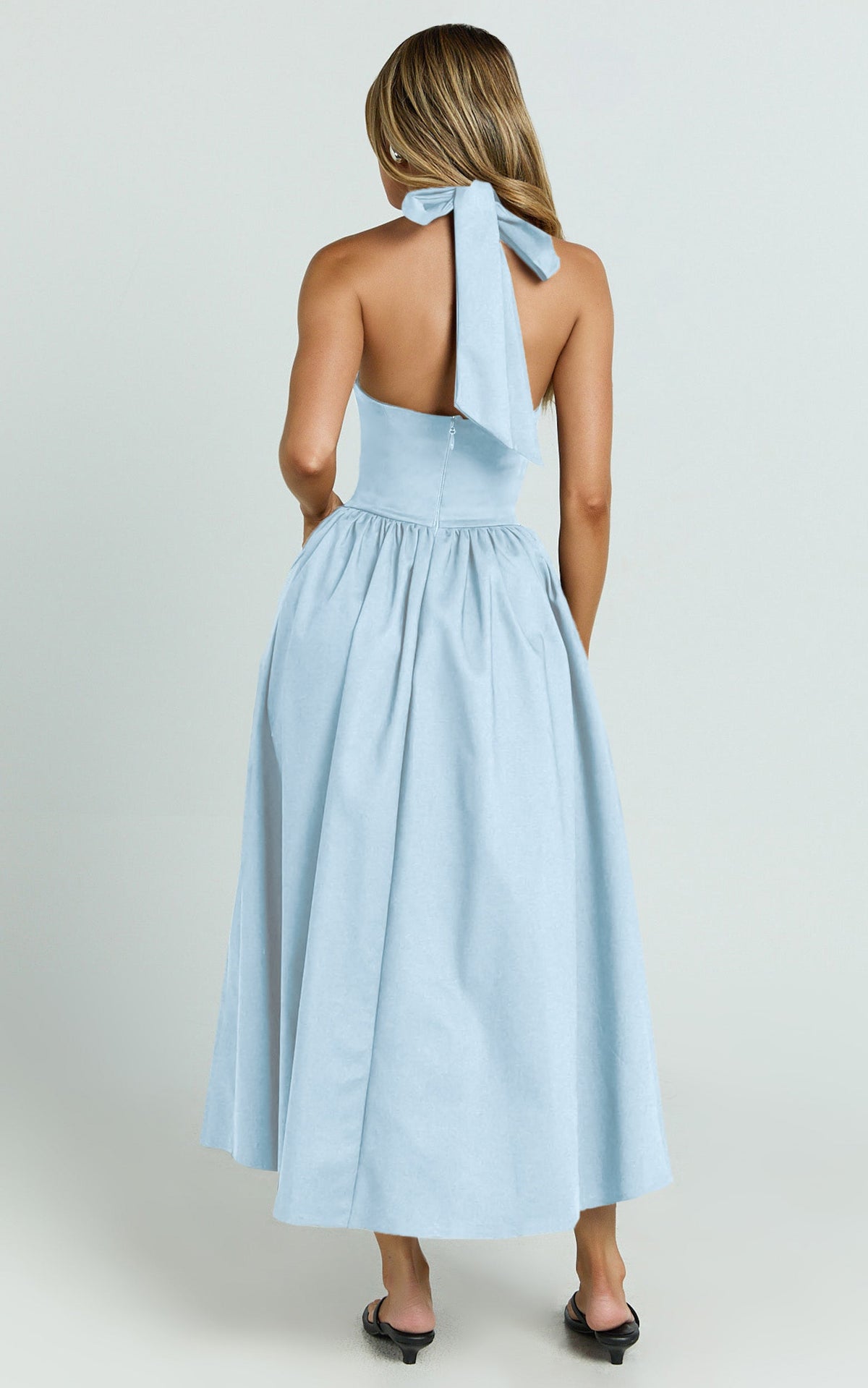 Helda Midi Dress - Halter Tie Neck Corset Panel Dress in Soft Blue