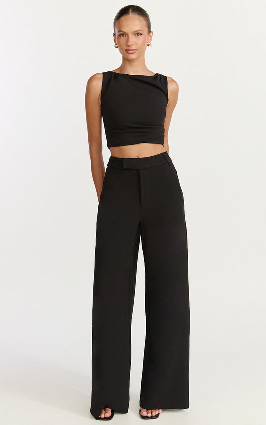 Helen Two Piece Set - Crepe Twisted Top And Wide Leg Pants in Black