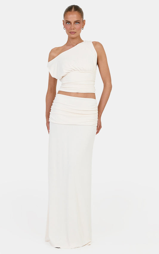 Helena Two Piece Top and Skirt Set - Tipped Shoulder Top and Skirt Set in Off-White