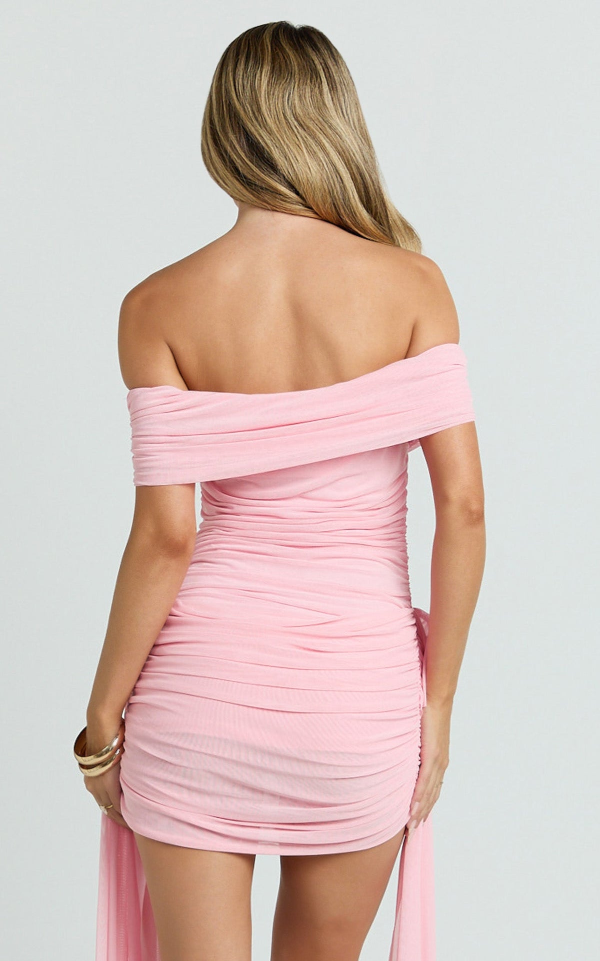 Hermie Mini Dress - Off Shoulder Ruched Mesh Draped Dress in Pink