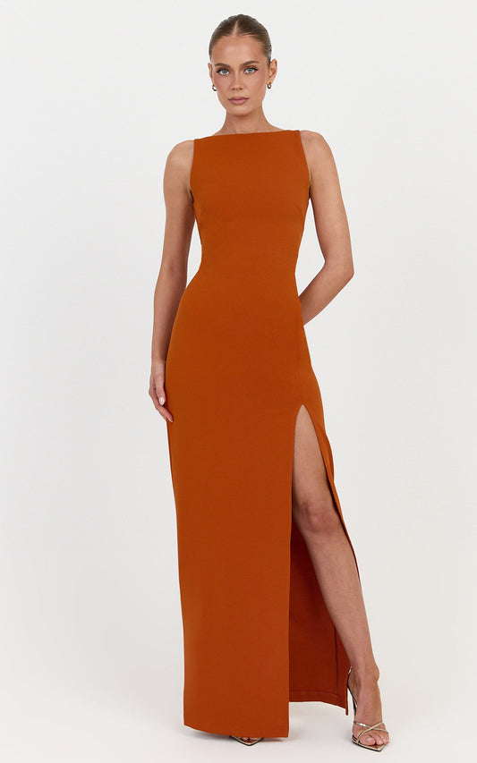 Indi Maxi Dress - Boat Neck Bodycon Dress in Burnt Orange