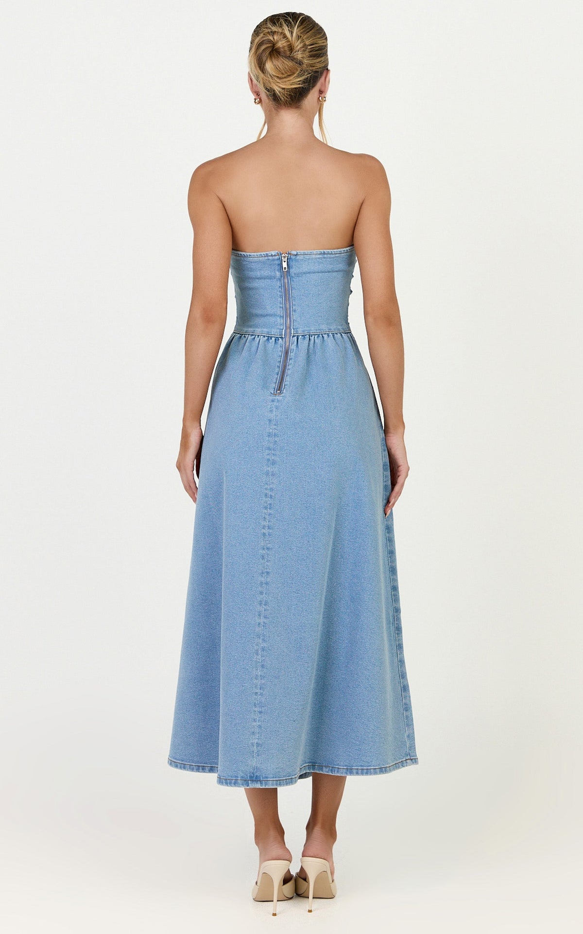 Isabella Midi Dress - Denim Strapless Ruched Dress in Mid Blue Wash