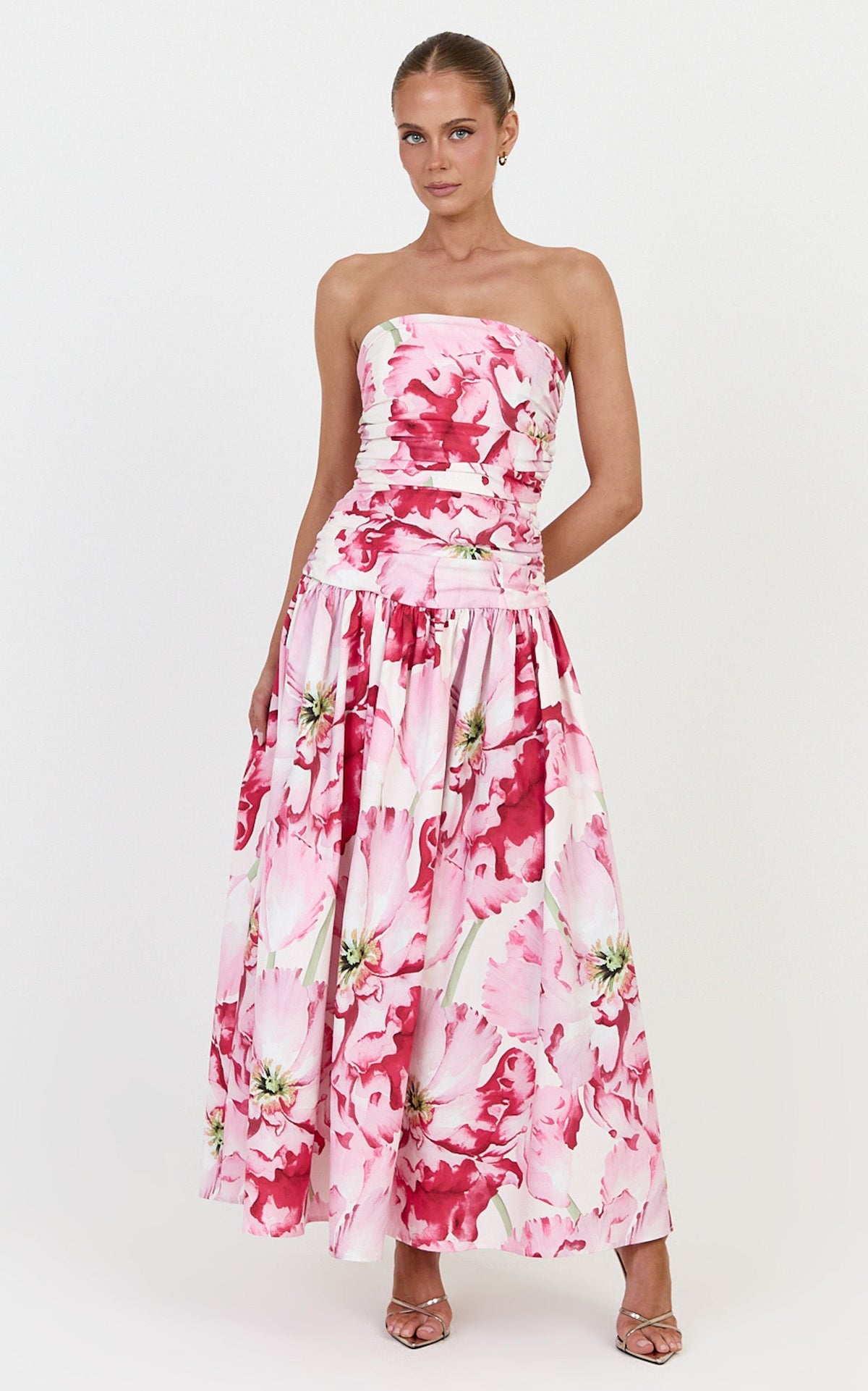 Isadora Midi Dress - Strapless Ruched Front Fit And Flare Dress in Poppy On White Print