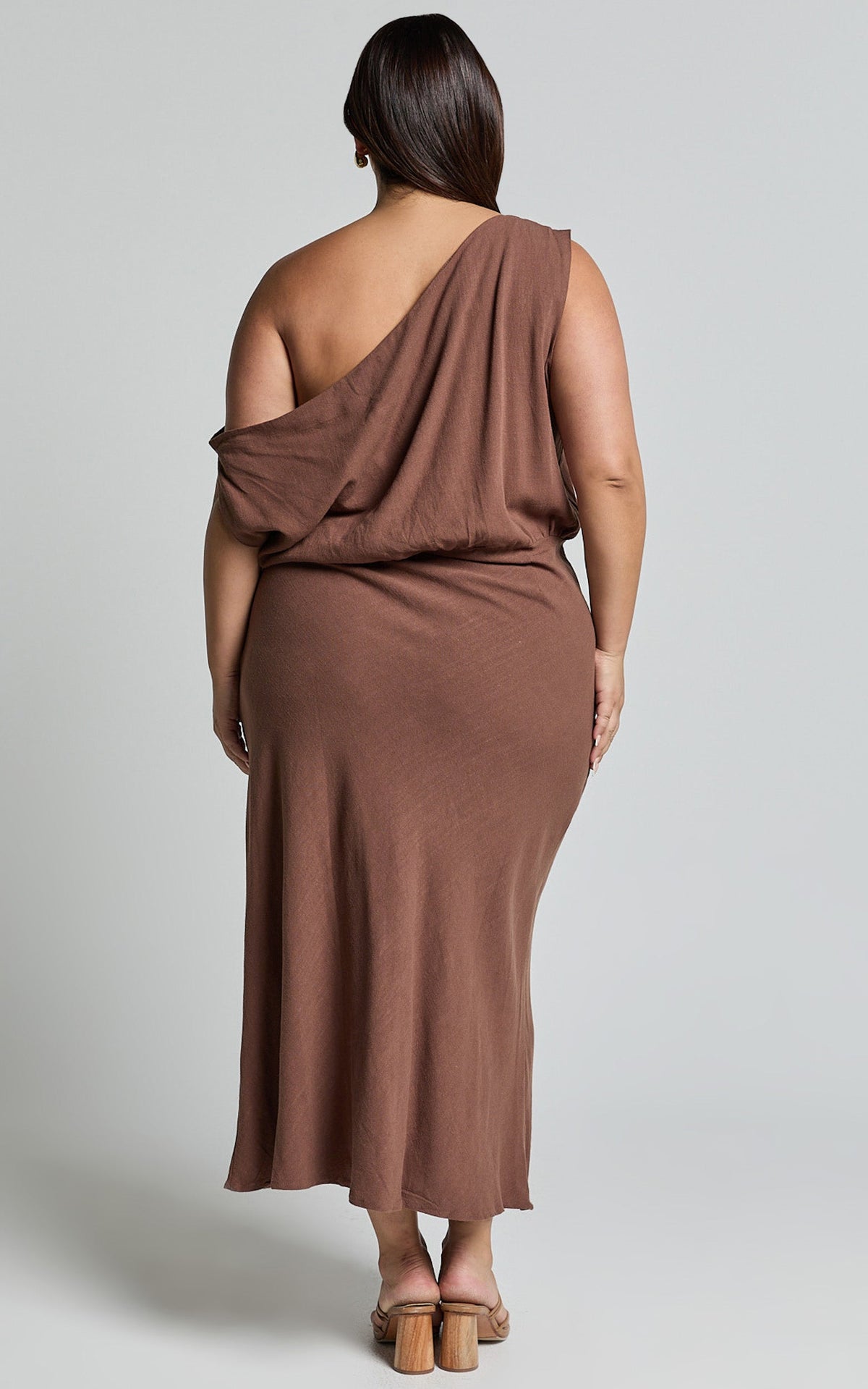 Jacqueline Midi Dress - Linen One Shoulder Dress in Chocolate