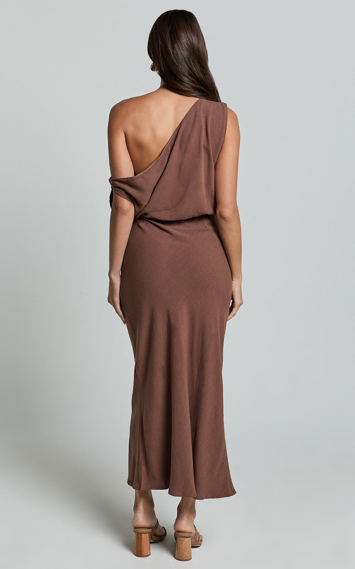 Jacqueline Midi Dress - Linen One Shoulder Dress in Chocolate