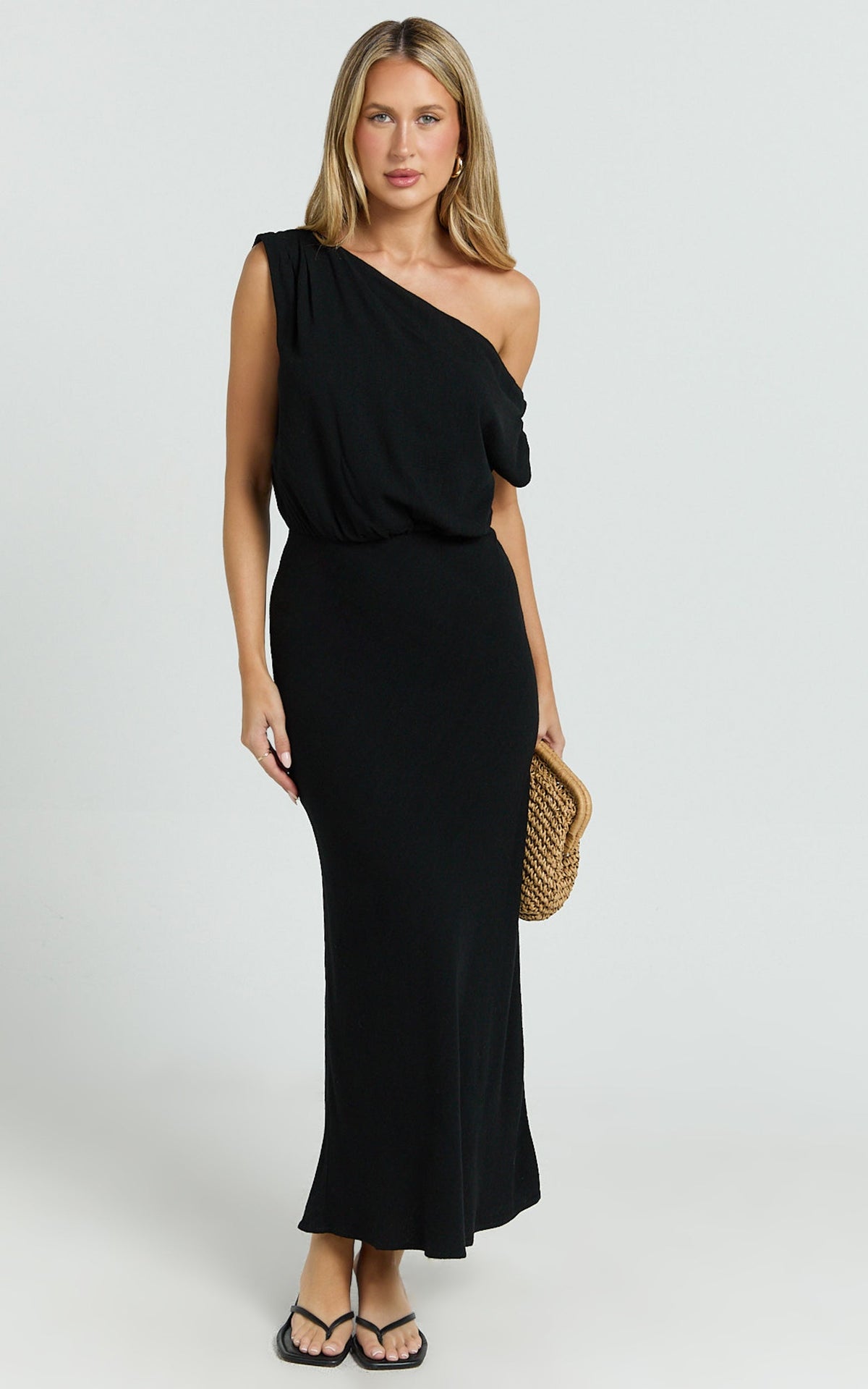 Jacqueline Midi Dress - Linen One Shoulder Dress in Black
