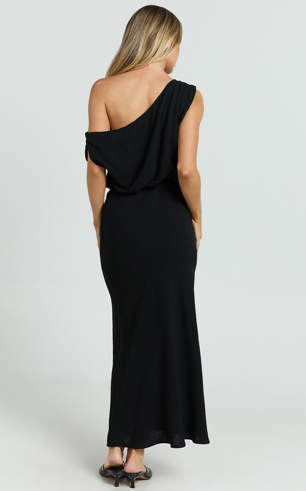 Jacqueline Midi Dress - Linen One Shoulder Dress in Black
