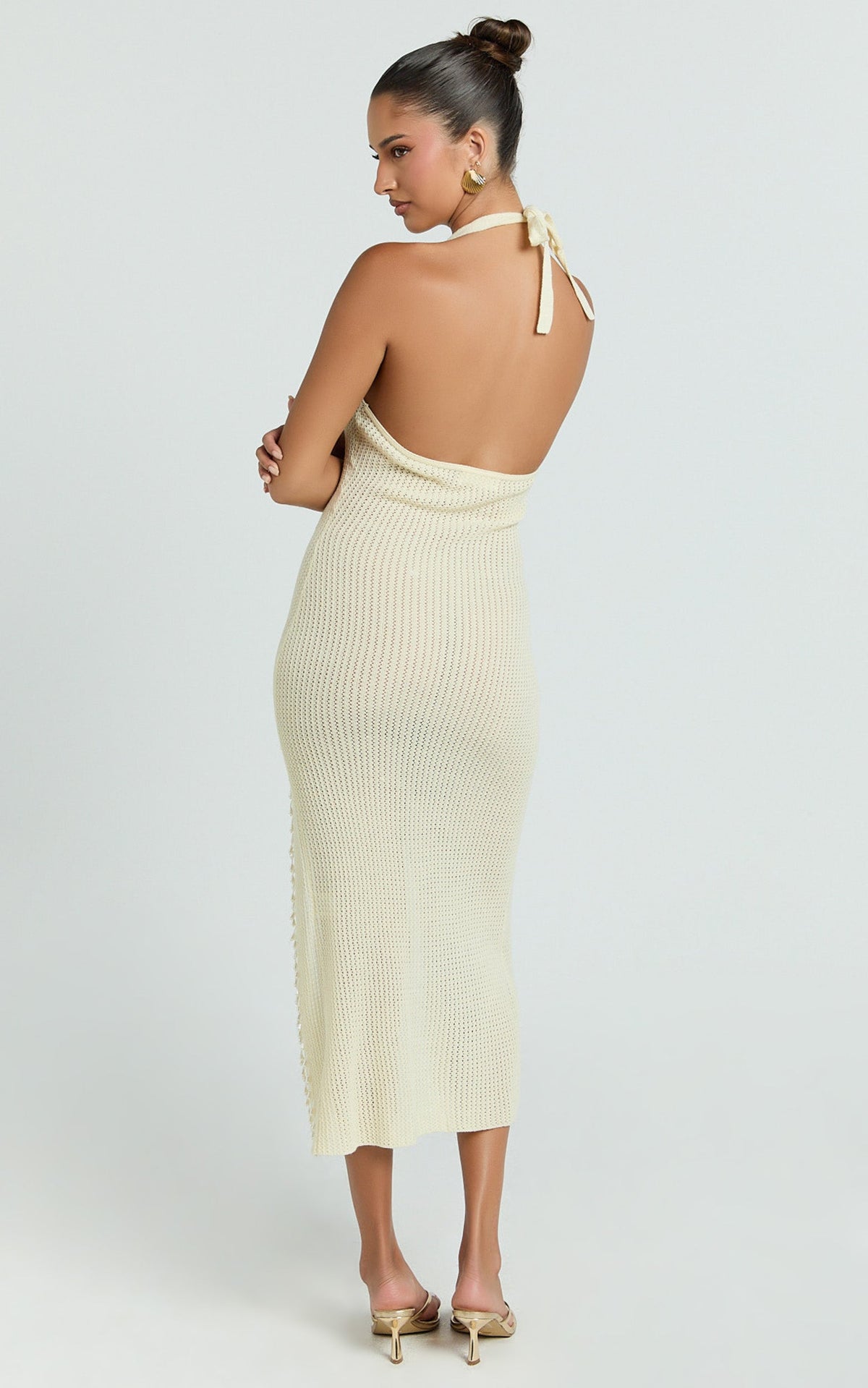 Jada Midi Dress - Knit Halter Neck Leg Split Pearl Bead Fitted Dress in Ivory