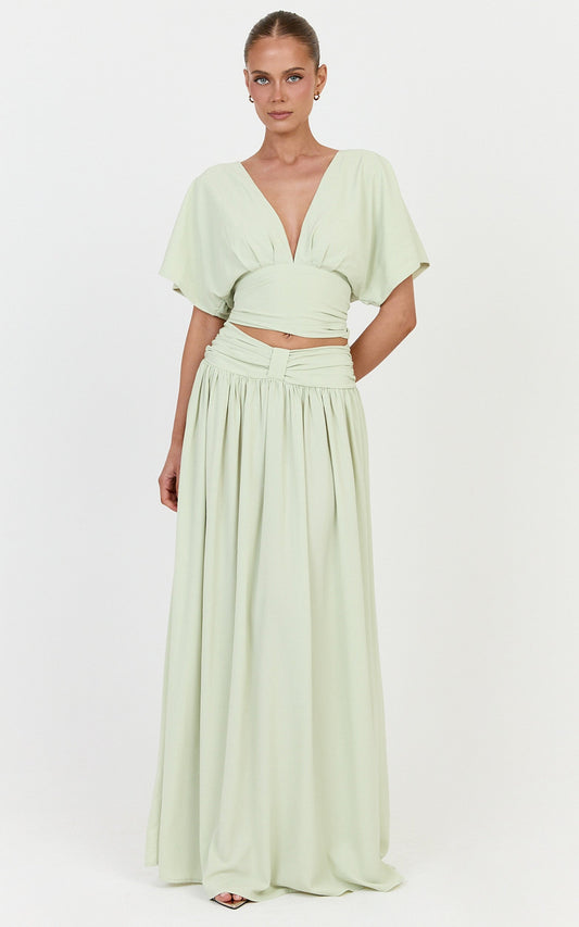 Jade Maxi Skirt - Knot Front Gathered Skirt in Pistachio
