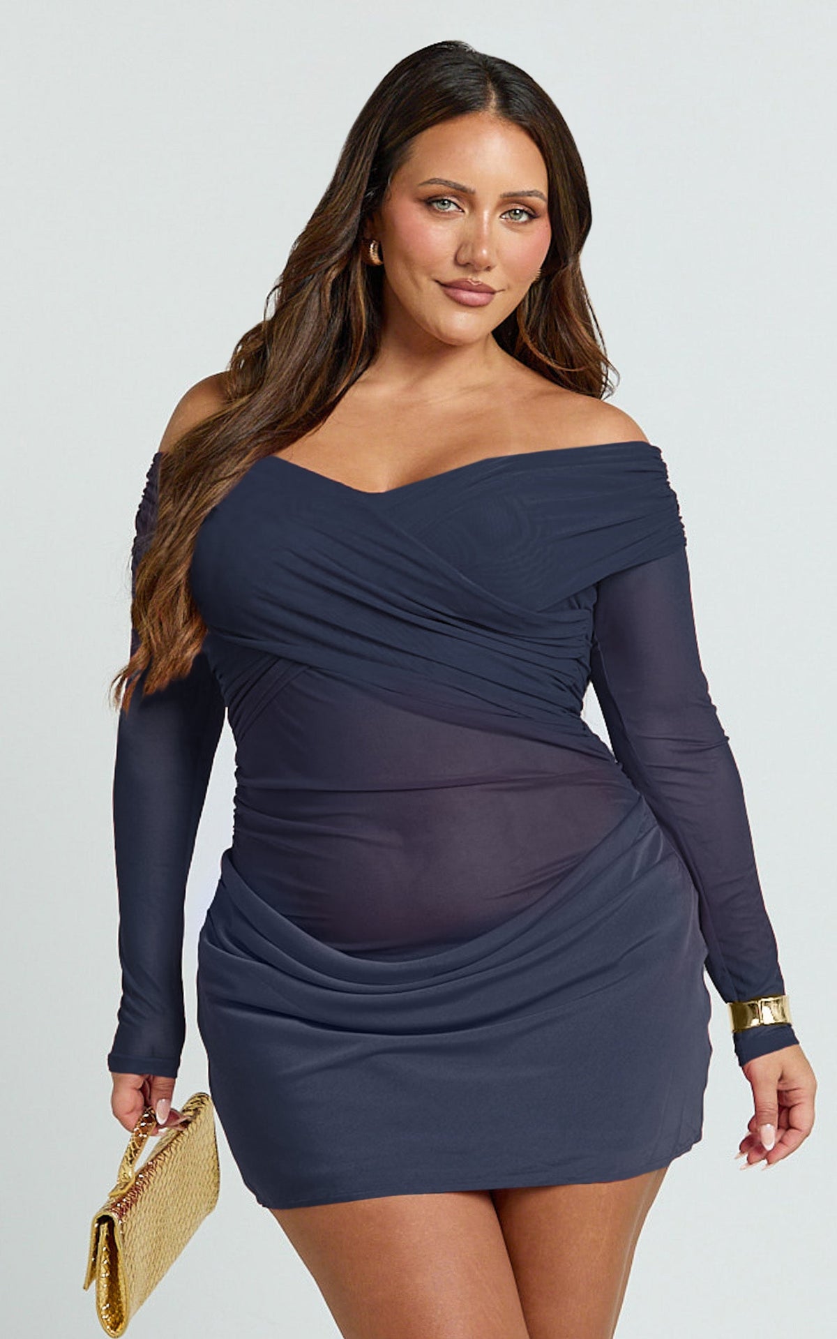 Jade Mini Dress - Long Sleeve Off Shoulder Draped Bias Cut Dress in Ink
