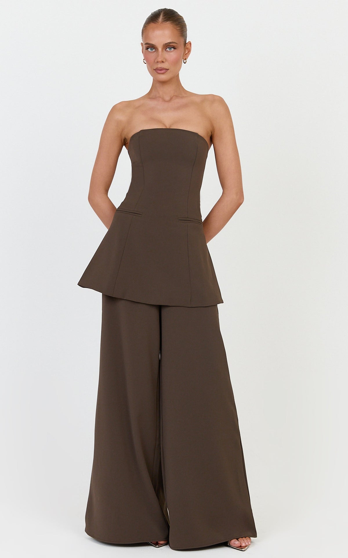 Jane Two Piece Top and Pants Set - Strapless Longline Top and Wide Leg Pants Set in Dark Chocolate