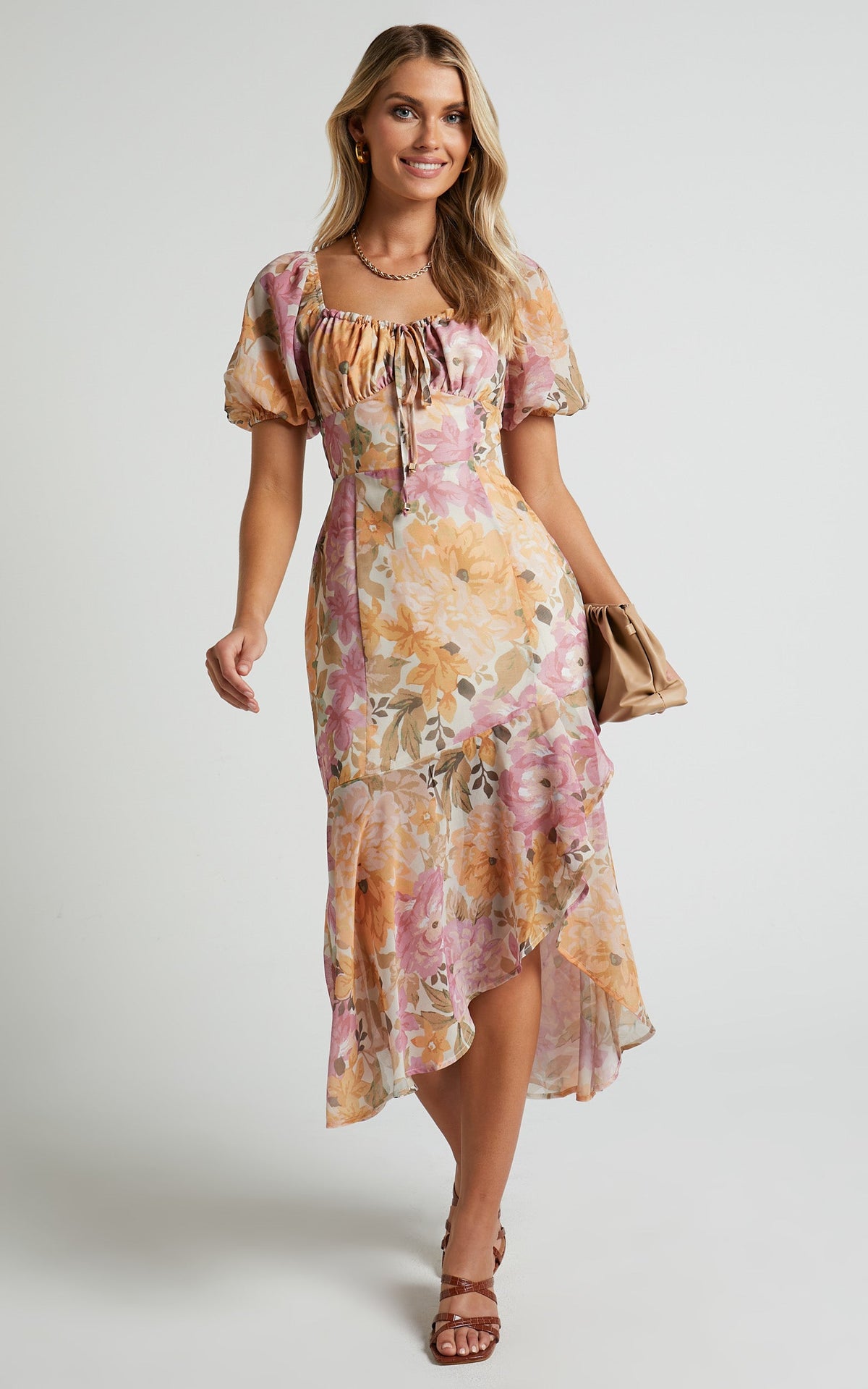 Jasalina Midi Dress - Puff Sleeve Dress in Elegant Rose