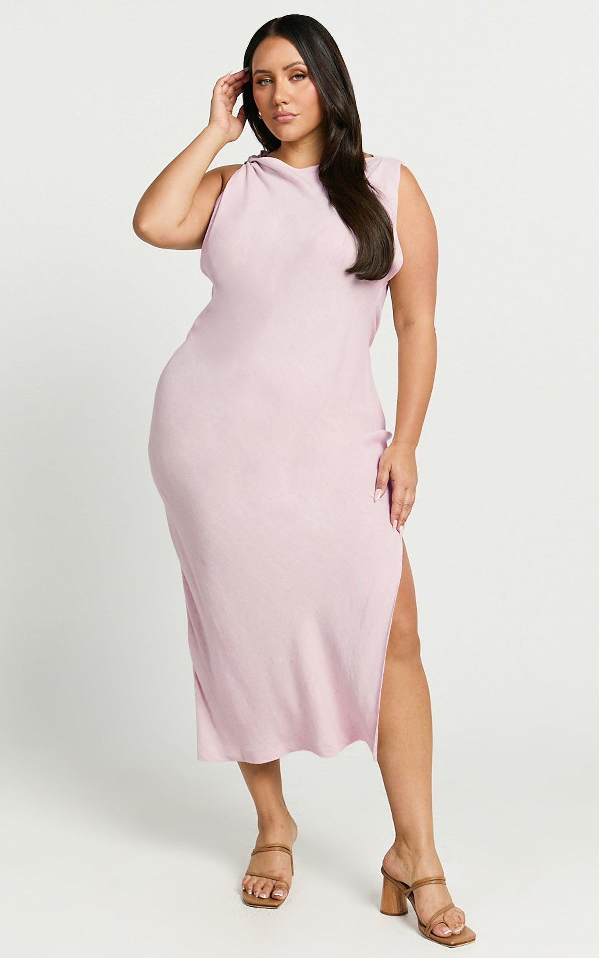 Jessenia Midi Dress - Linen High Neck Dress in Soft Pink