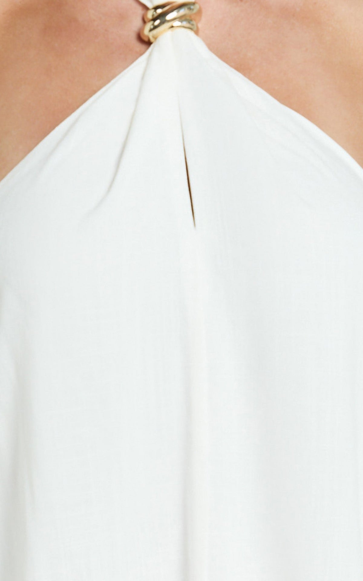 Jhazmine Maxi Dress - Halterneck Linen Gold Trim Dress in Off White