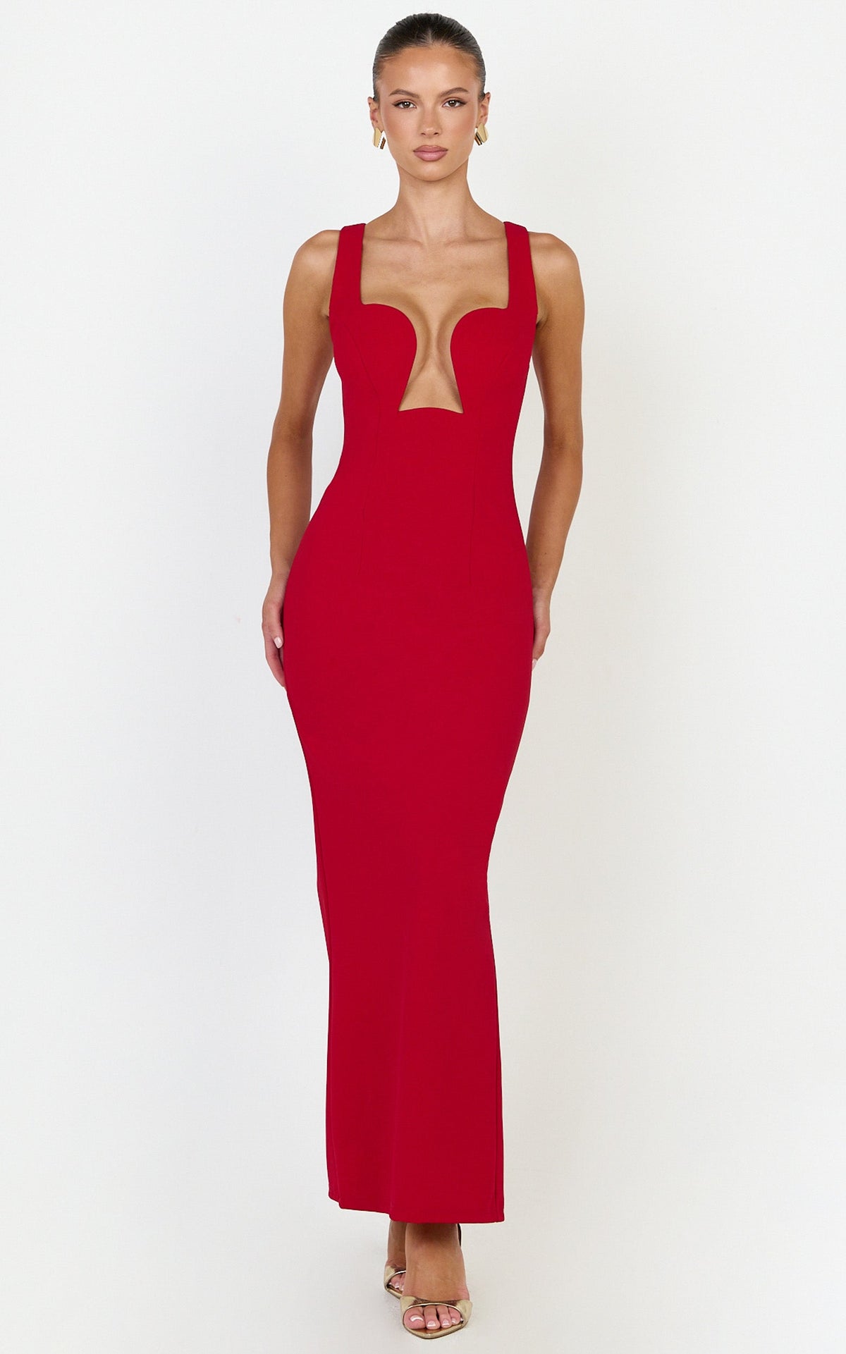 Jolie Midi Dress - Sleeveless Cut Out Fitted Dress in Red