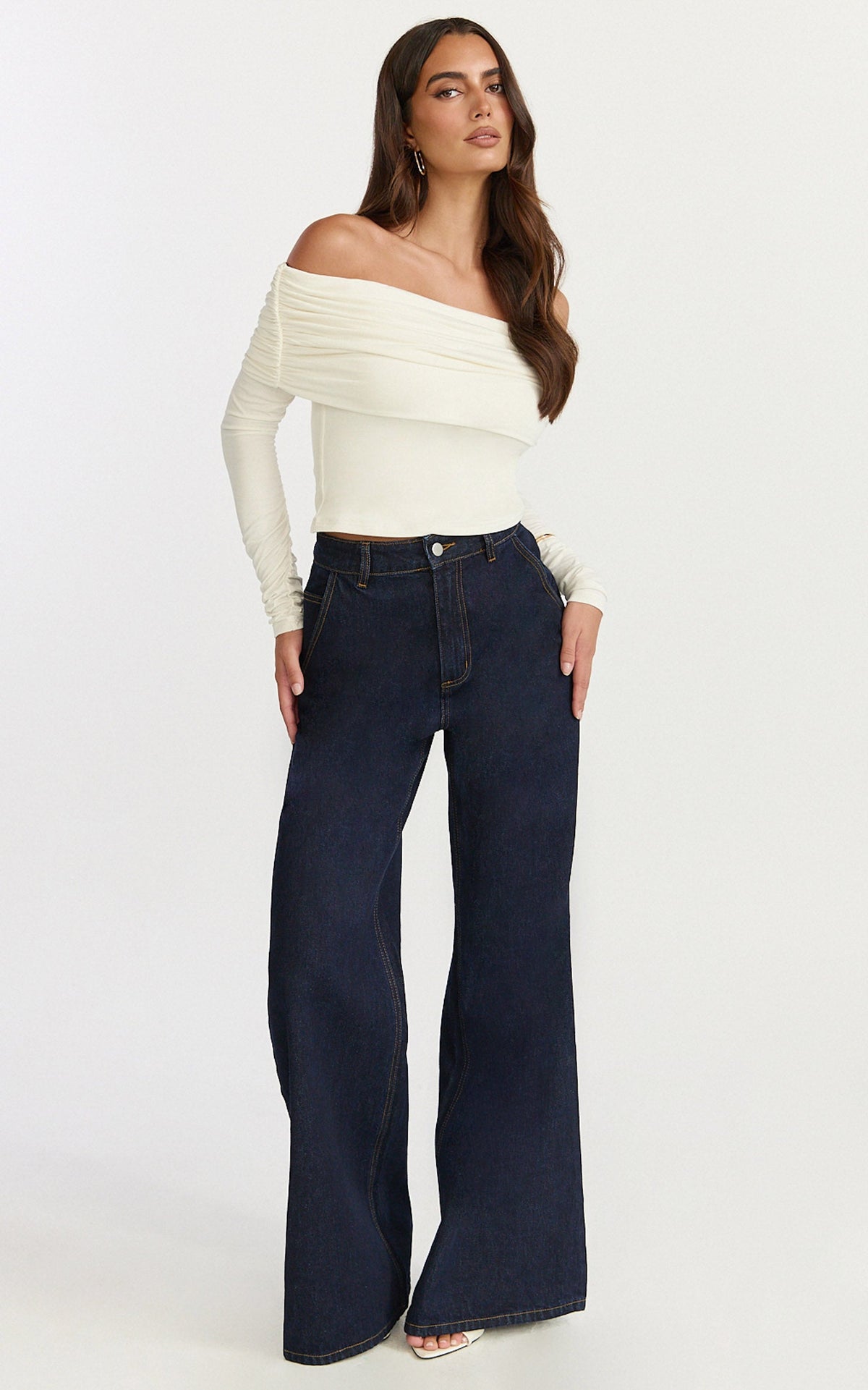 Jolie Top - Off Shoulder Long Sleeve Gathered Top in Cream