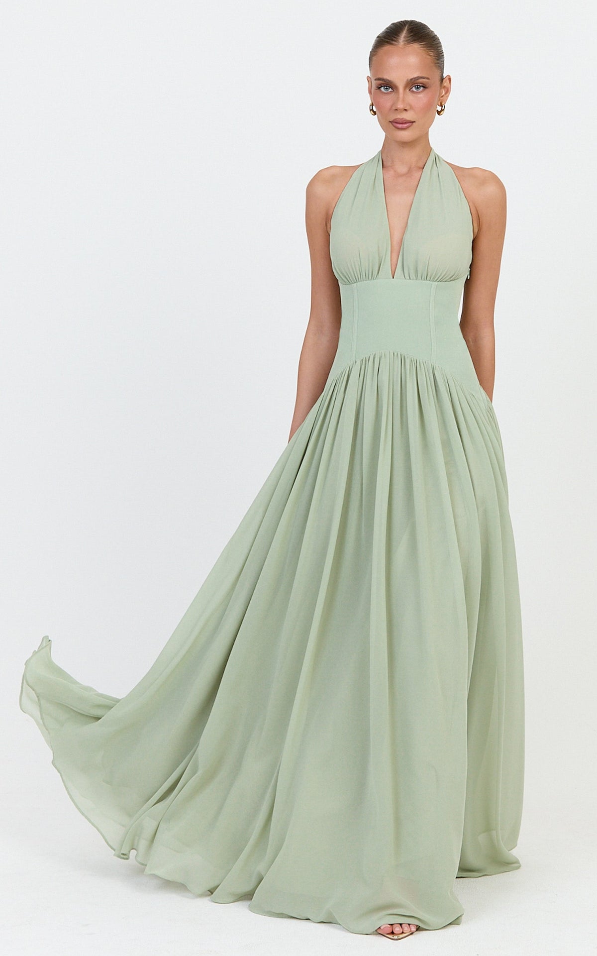 Josephine Maxi Dress - Contrast Corset Halter Neck Dress in Sage