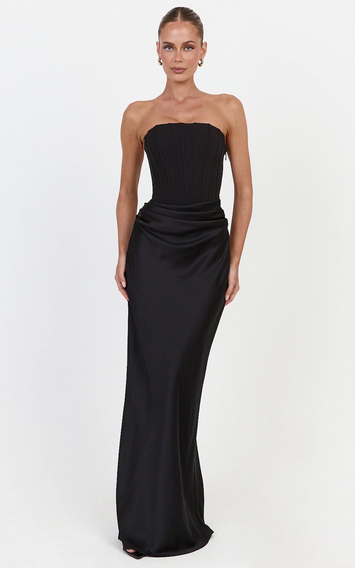 Kailani Maxi Dress - Strapless Corset Bodice Lace Up Back Dress in Black