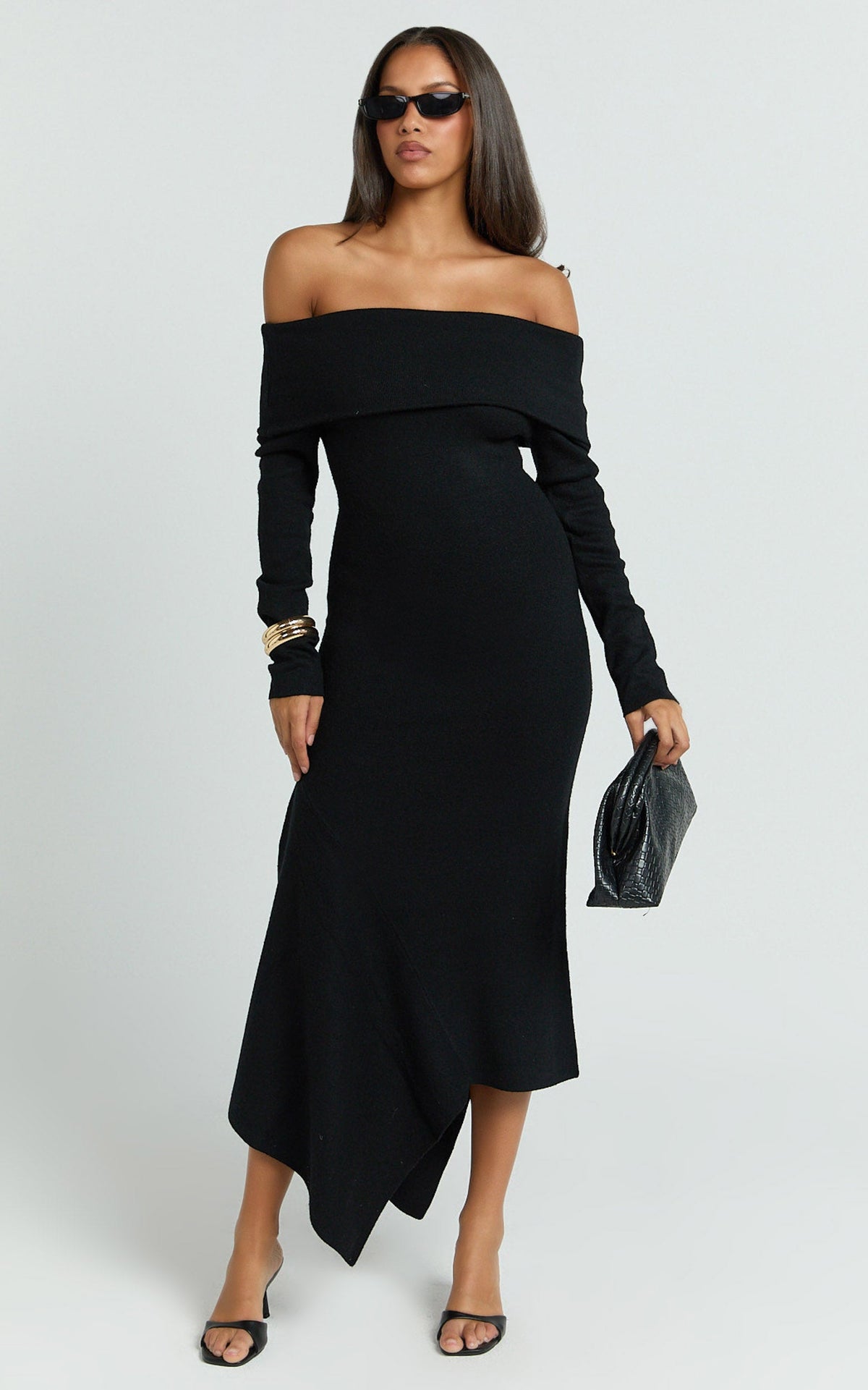 Karina Midi Dress - Long Sleeve Folded Off Shoulder Asymmetric Dress in Black
