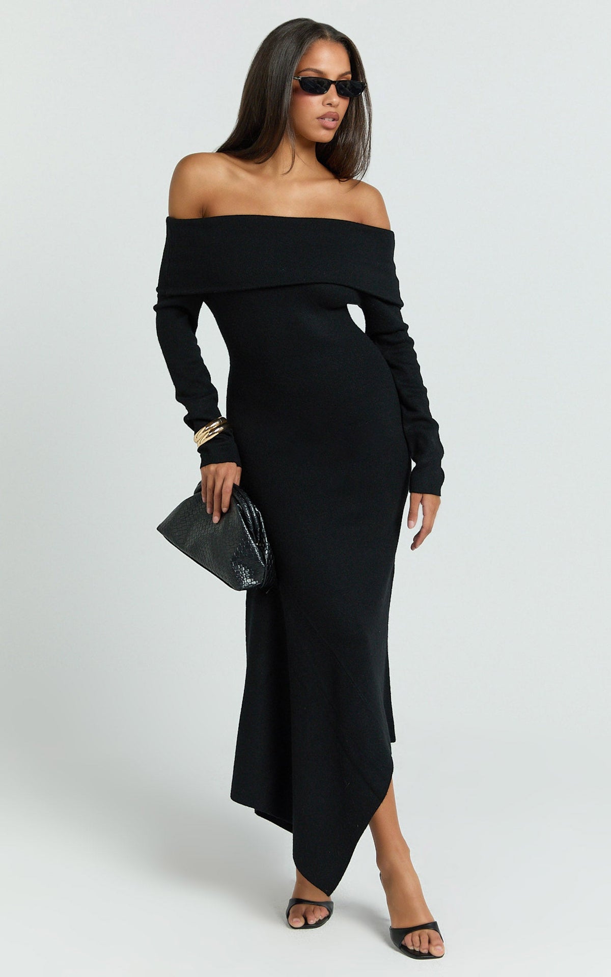 Karina Midi Dress - Long Sleeve Folded Off Shoulder Asymmetric Dress in Black