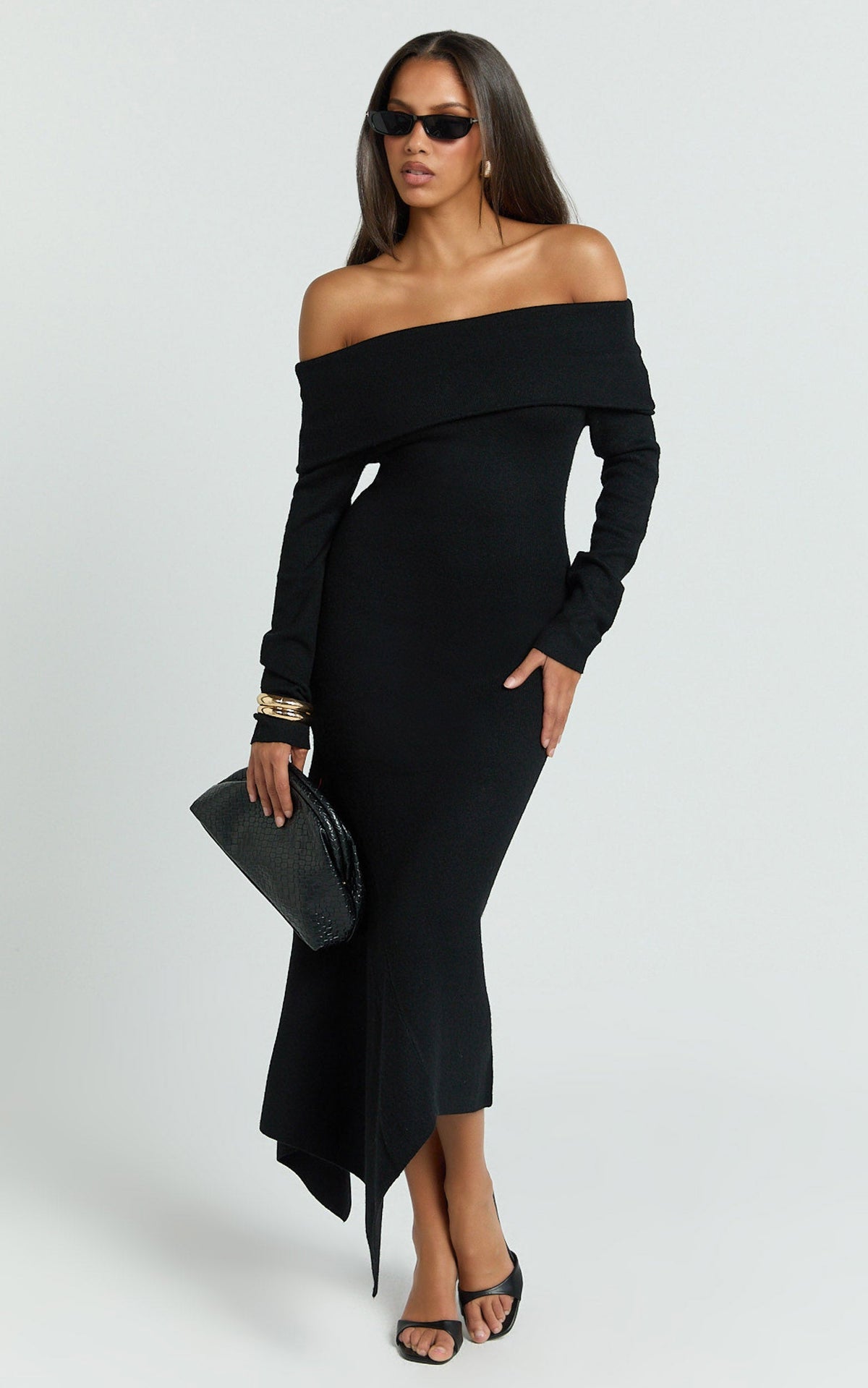 Karina Midi Dress - Long Sleeve Folded Off Shoulder Asymmetric Dress in Black