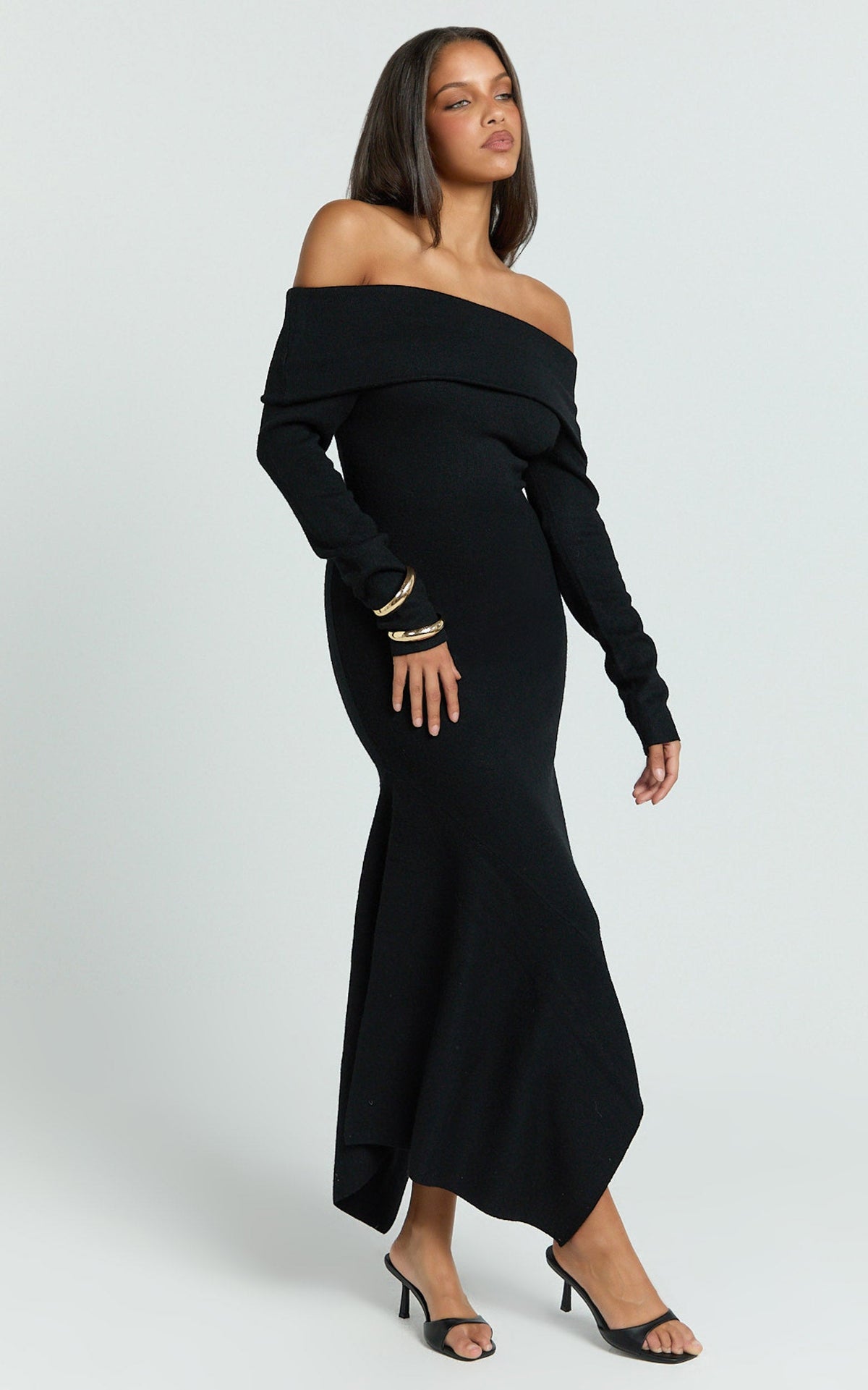 Karina Midi Dress - Long Sleeve Folded Off Shoulder Asymmetric Dress in Black