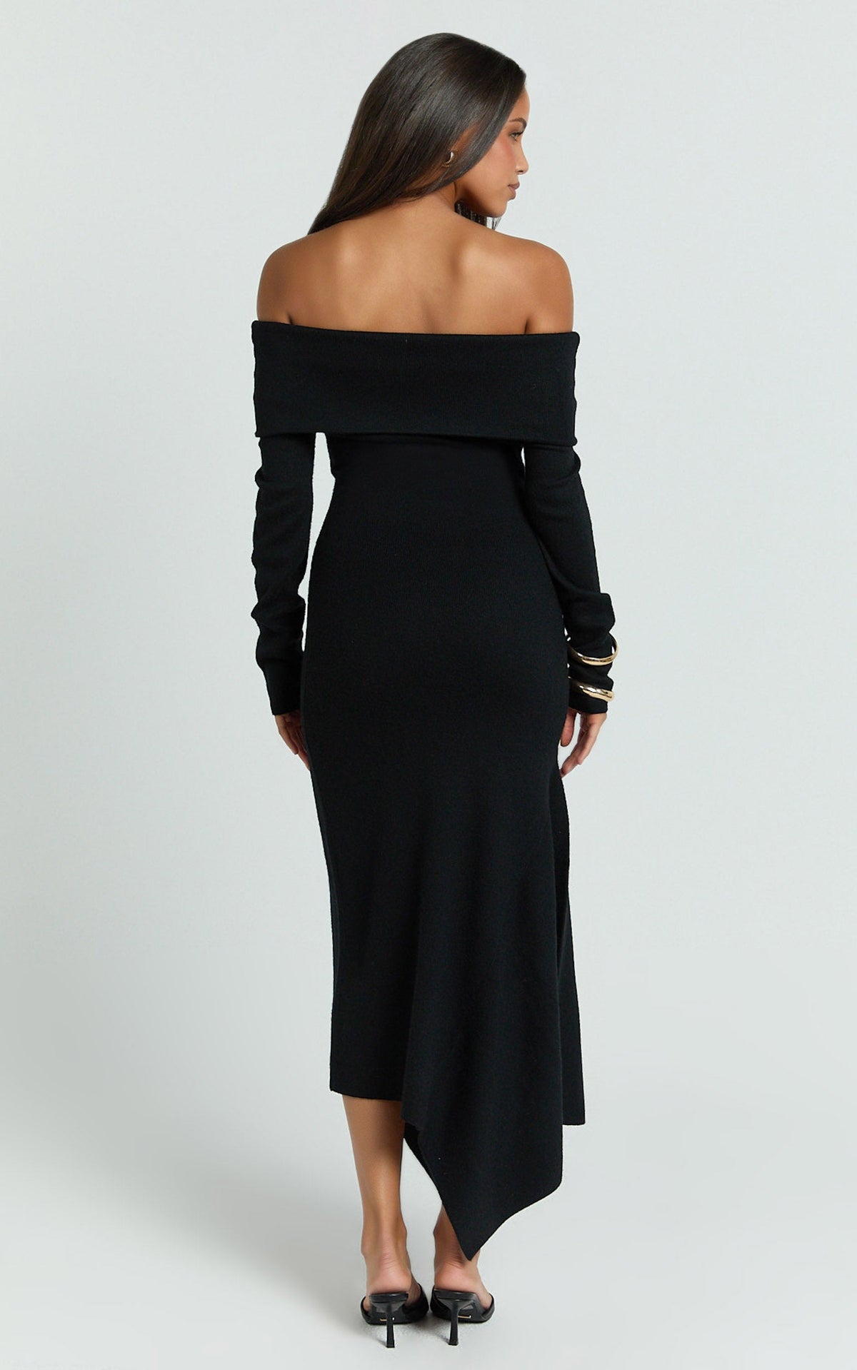 Karina Midi Dress - Long Sleeve Folded Off Shoulder Asymmetric Dress in Black