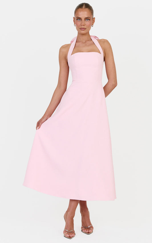 Karissa Midi Dress - Halter Neck Fit and Flare Midi Dress in Baby Pink