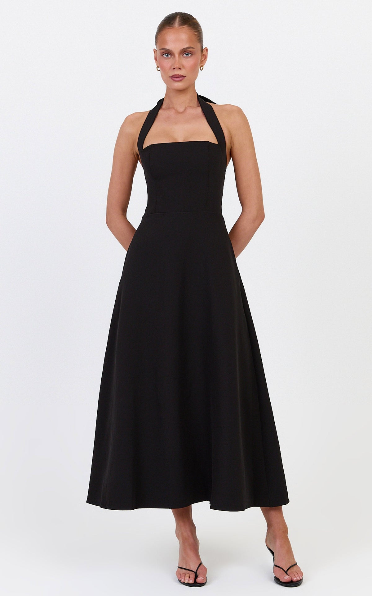 Karissa Midi Dress - Halter Neck Fit and Flare Midi Dress in Black