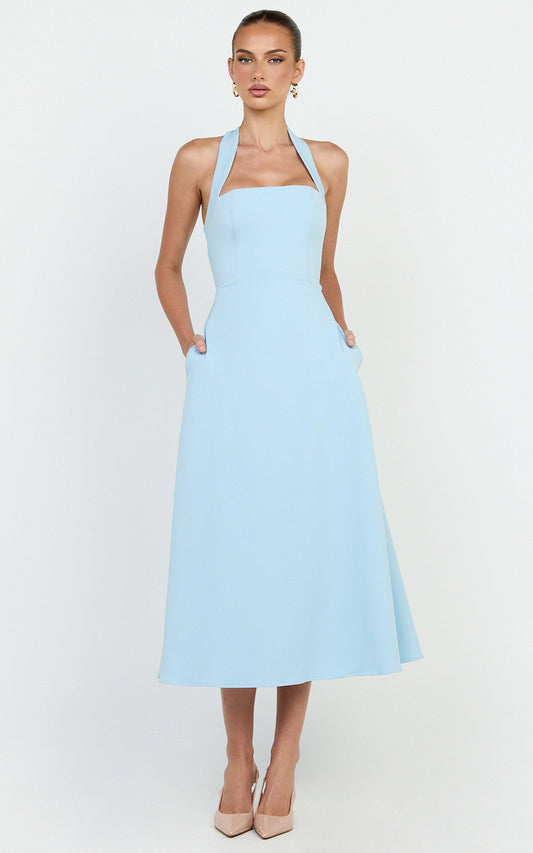 Karissa Midi Dress - Halter Neck Fit and Flare Midi Dress in Pale Blue