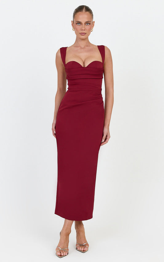 Kenna Midi Dress - Gathered Bust Tucked Waist Dress in Wine