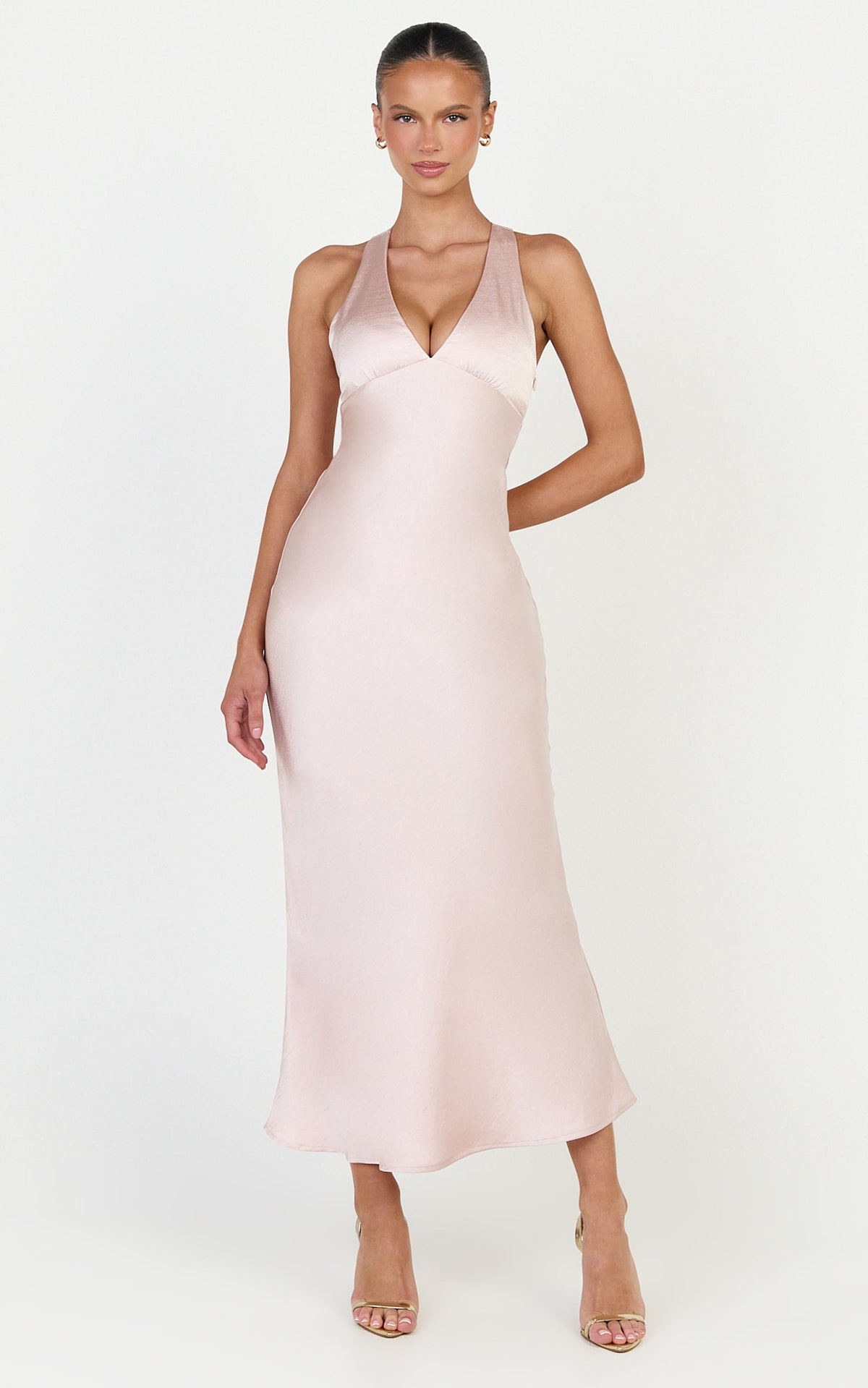 Khalani Midi Dress - Deep V Neck Satin Slip Dress in Light Pink
