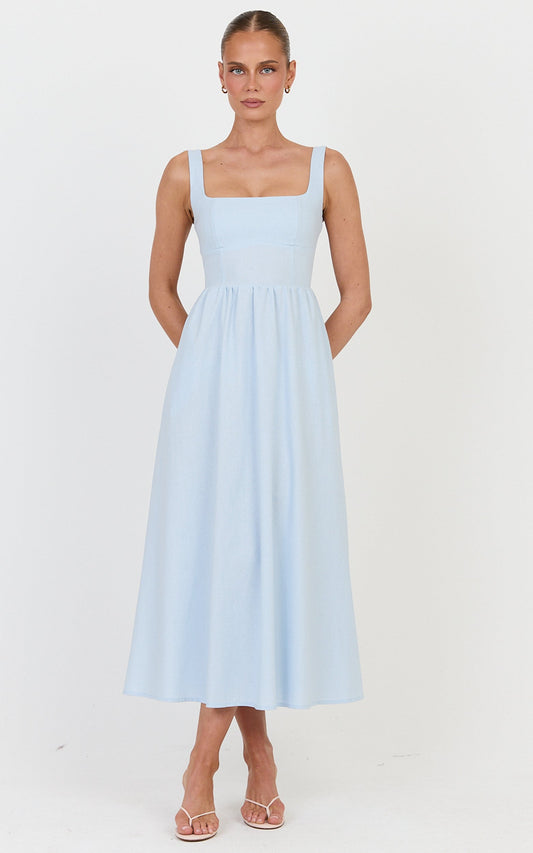 Khari Midi Dress - Linen Look Square A Line Dress in Blue