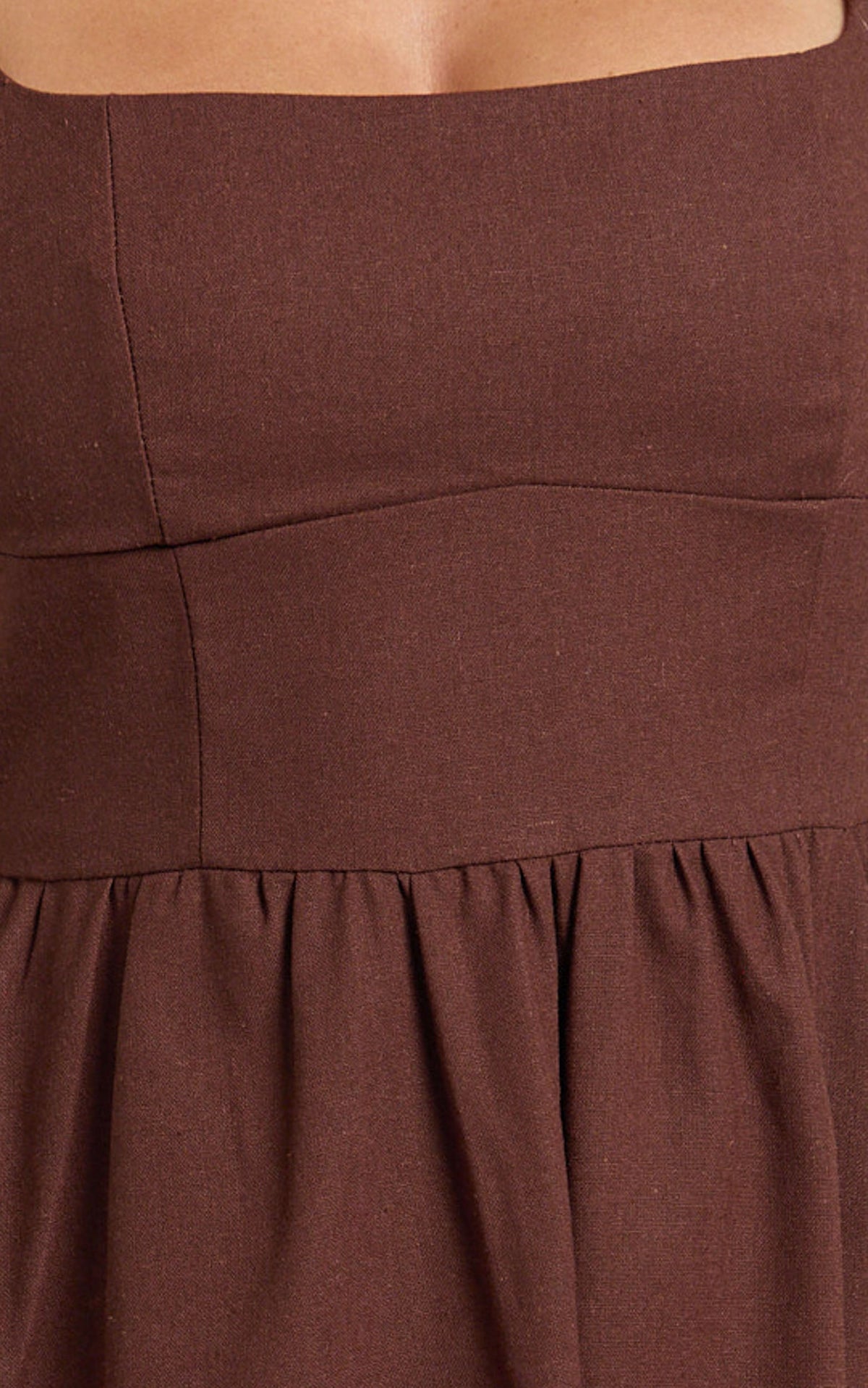 Khari Midi Dress - Linen Look Square A Line Dress in Chocolate