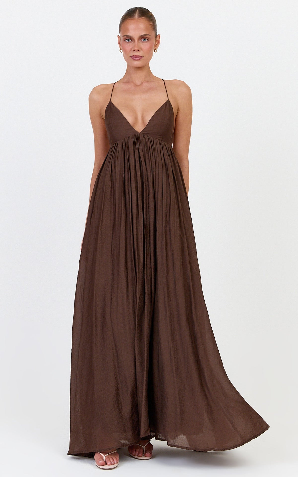 Kourtney Maxi Dress - V Neck Fit And Flare Dress With Tie Back Detail in Chocolate