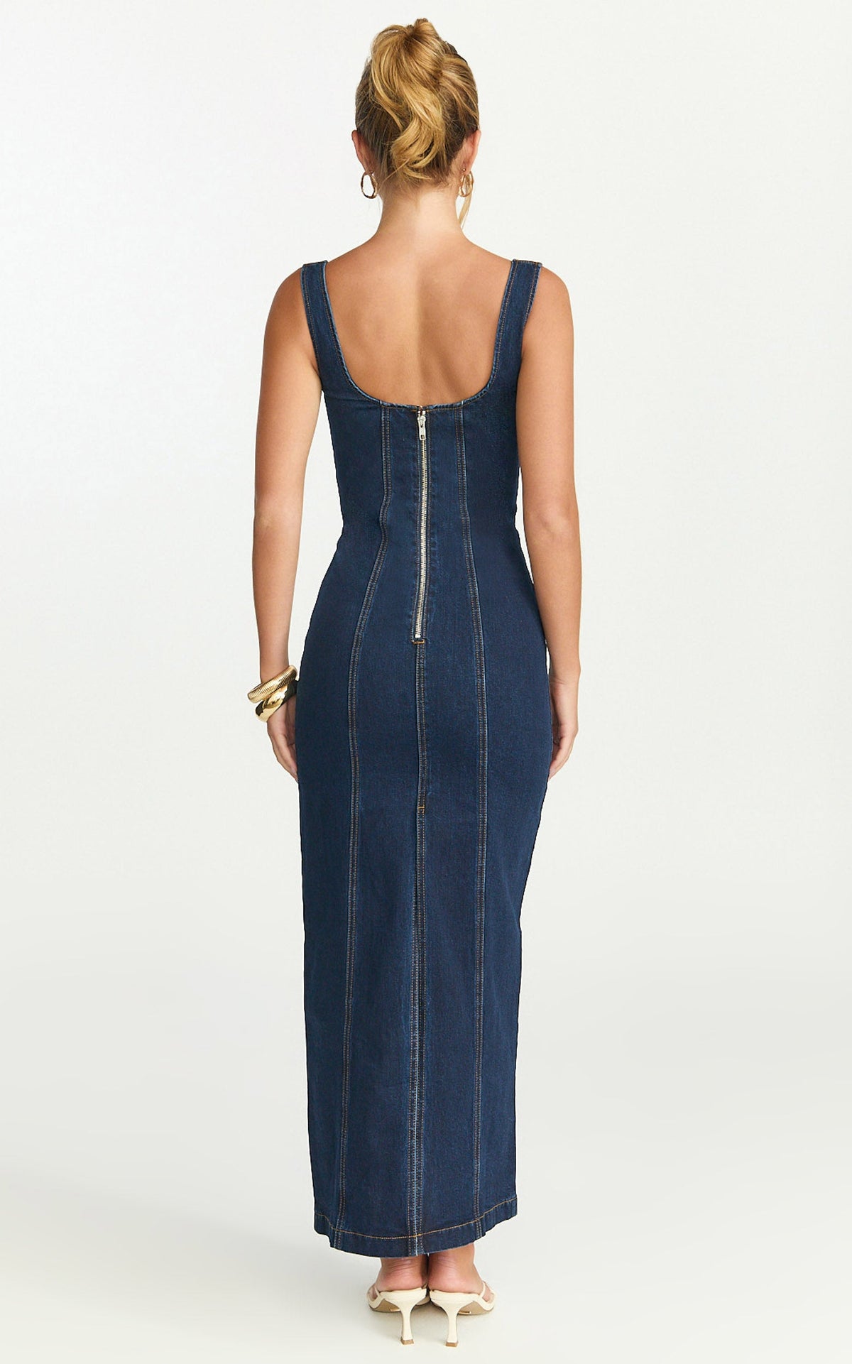 Kristie Midi Dress - Wide Neck Corset Detail Denim Dress in Dark Blue