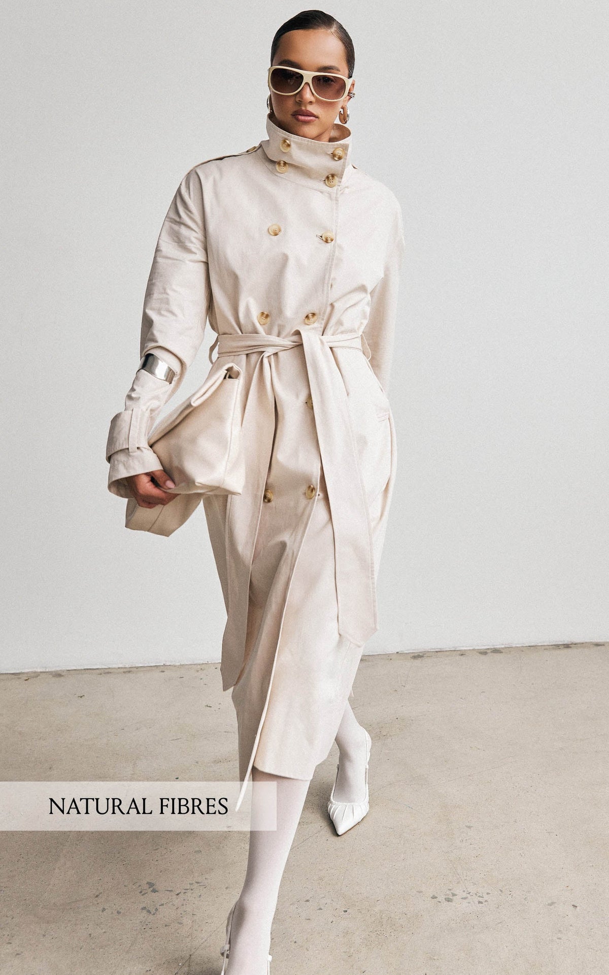 Isla Coat - Funnel Neck Double Breasted Longline Trench Coat in Stone