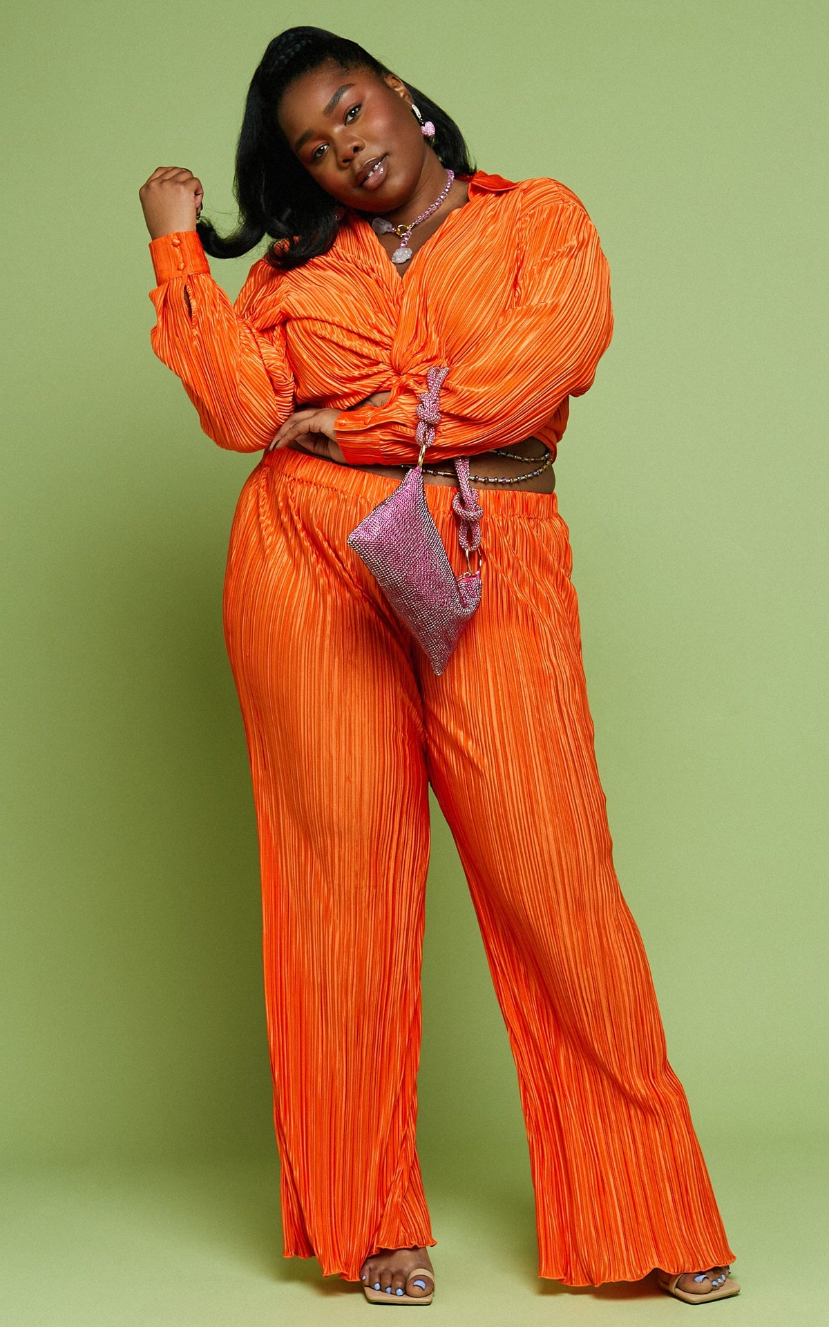 Beca Pants - High Waisted Plisse Flared Pants in Bright Orange