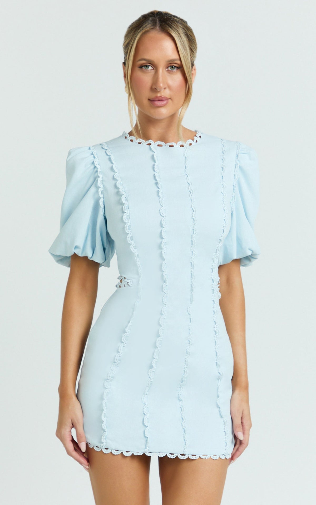 Laila Mini Linen Blend Dress - High Neck Side Cut Out Puff Sleeve Straight Dress in Blue