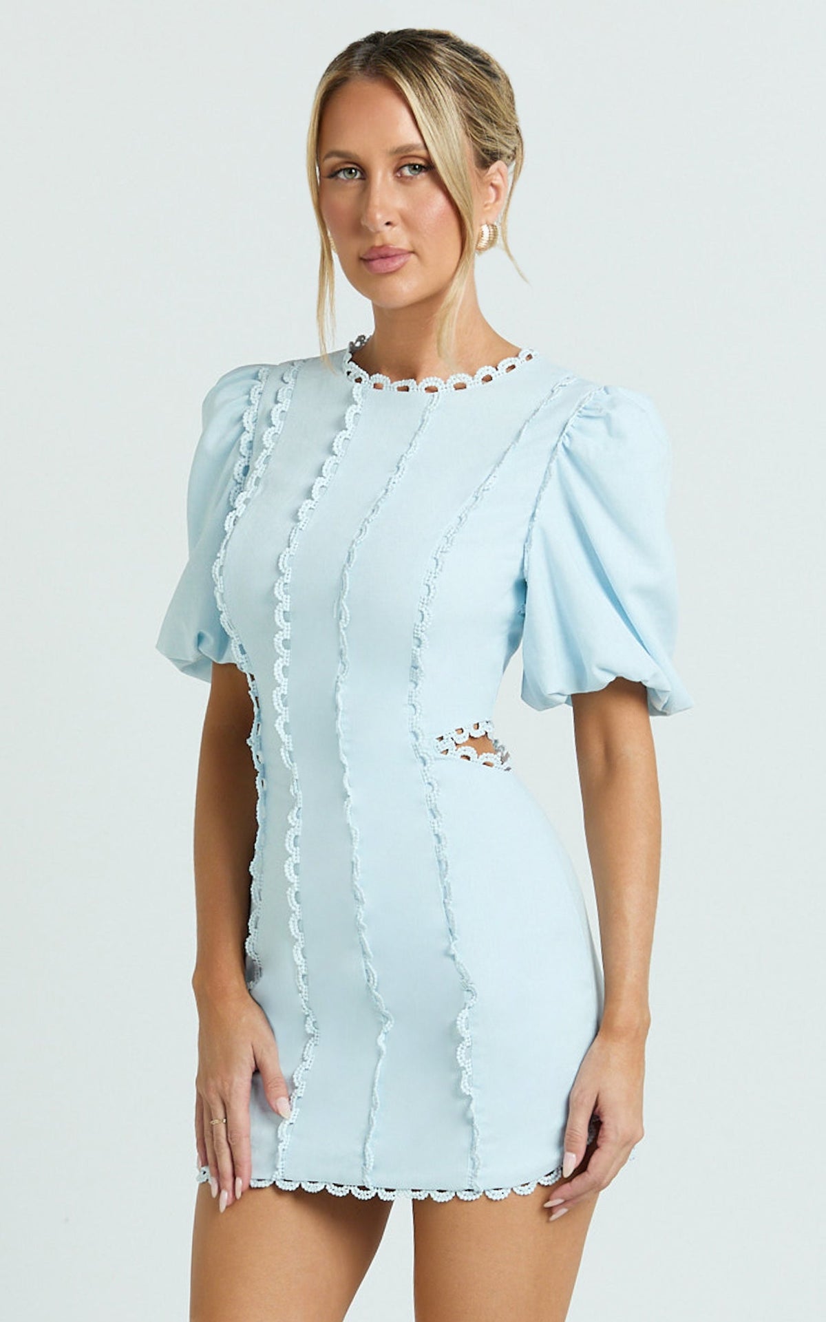 Laila Mini Linen Blend Dress - High Neck Side Cut Out Puff Sleeve Straight Dress in Blue