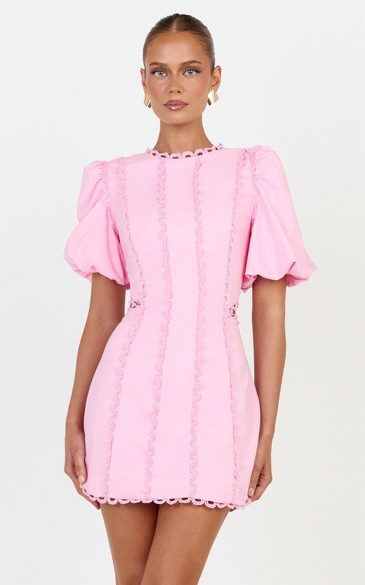 Laila Mini Linen Blend Dress - High Neck Side Cut Out Puff Sleeve Straight Dress in Pink