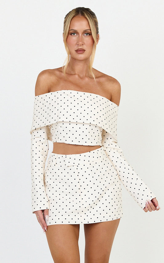 Lana Top - Long Sleeve Off Shoulder Cropped Top in Cream/Black Polka Dot