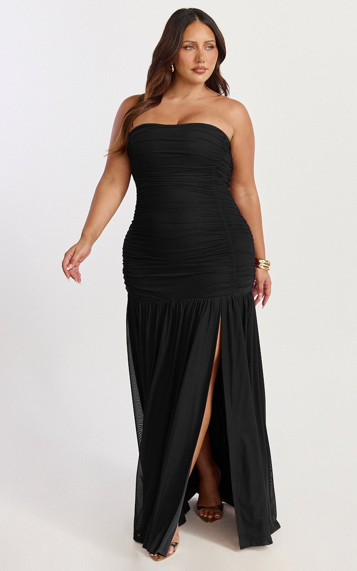 Marguerite Maxi Dress - Strapless Ruched Mesh High Leg Split Dress in Black