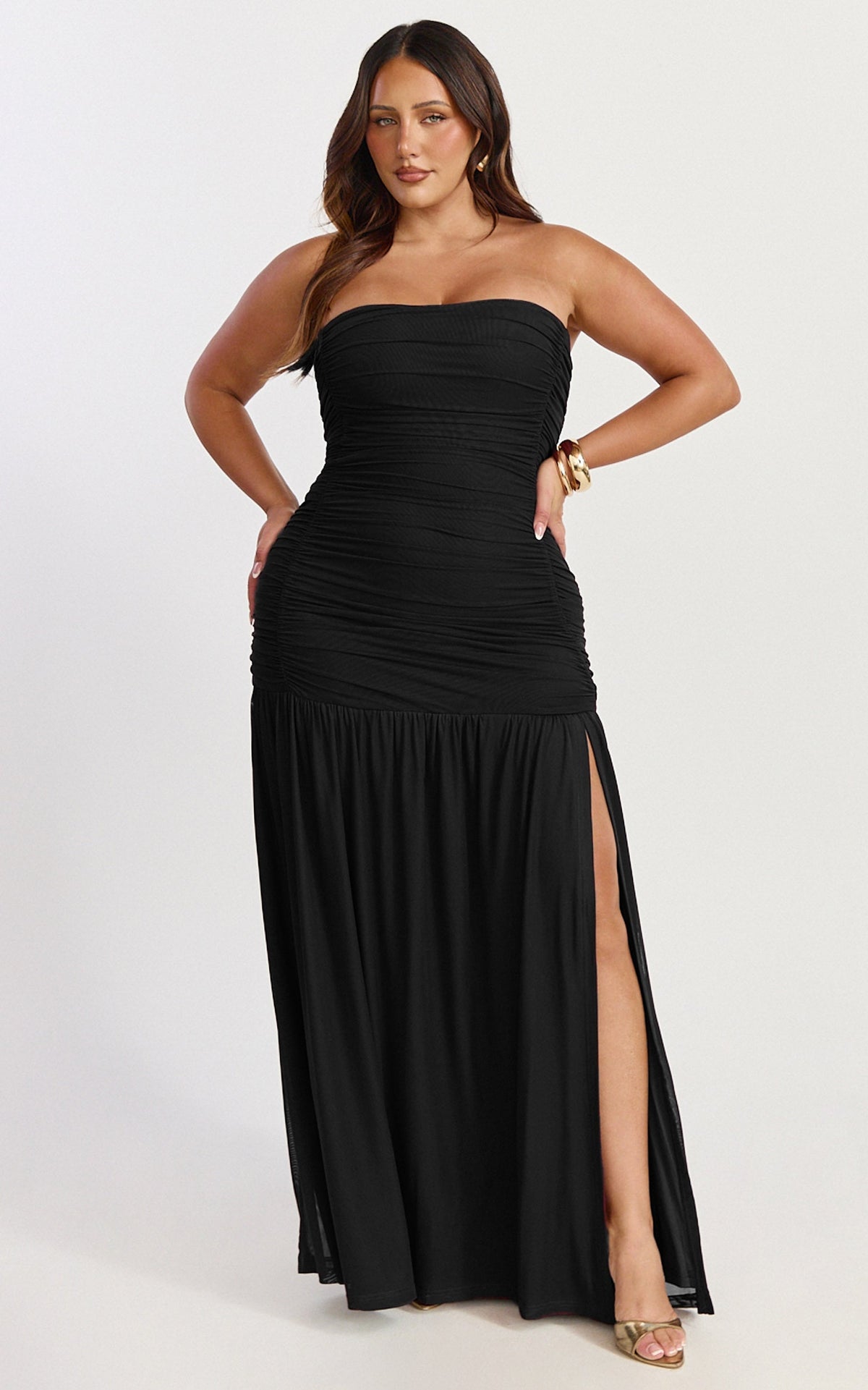 Marguerite Maxi Dress - Strapless Ruched Mesh High Leg Split Dress in Black